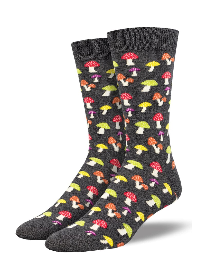 Men's colorful caps bamboo crew socks, flat lay showing multicolored mushrooms on charcoal gray