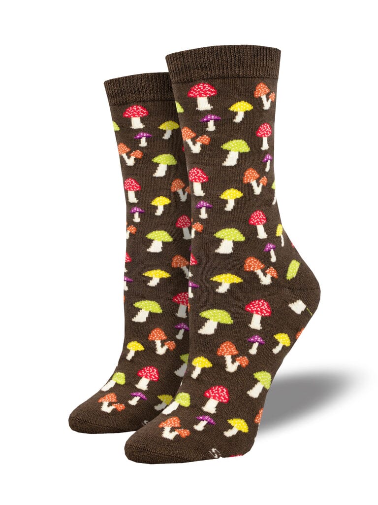 Women's colorful caps bamboo crew socks, flat lay showing multicolored mushrooms on espresso brown