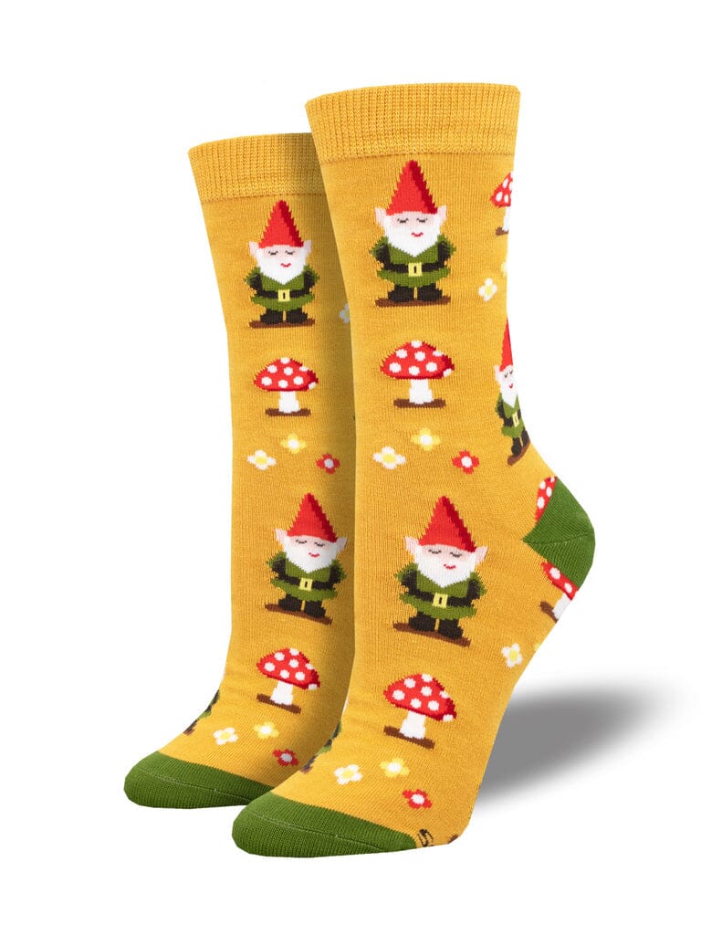 Women's gnome more mushrooms bamboo crew socks, flat lay showing garden gnomes and mushrooms on golden yellow