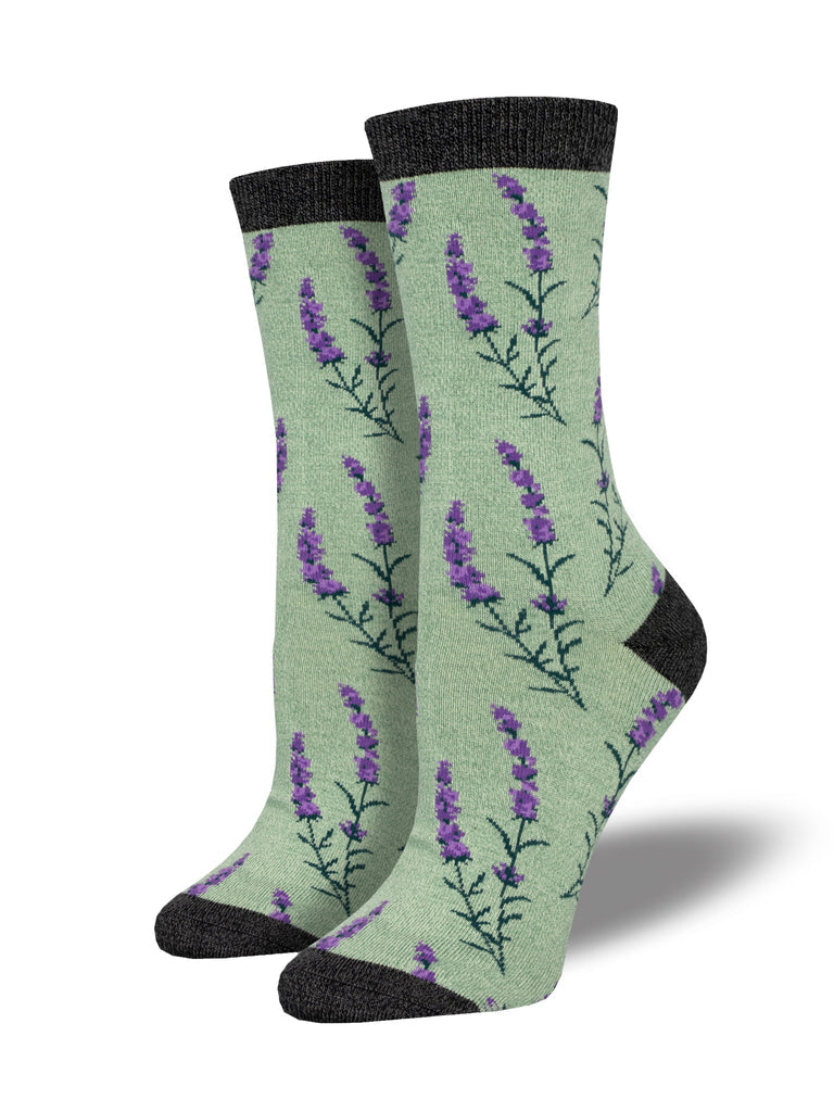 Pair of women's sage green crew socks with purple lavender sprigs and charcoal gray cuffs, heels, and toes