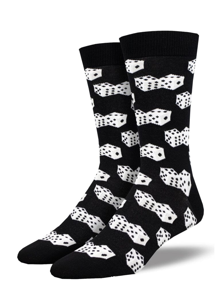 Men's lucky 7s bamboo crew socks, flat lay showing white dice on black background