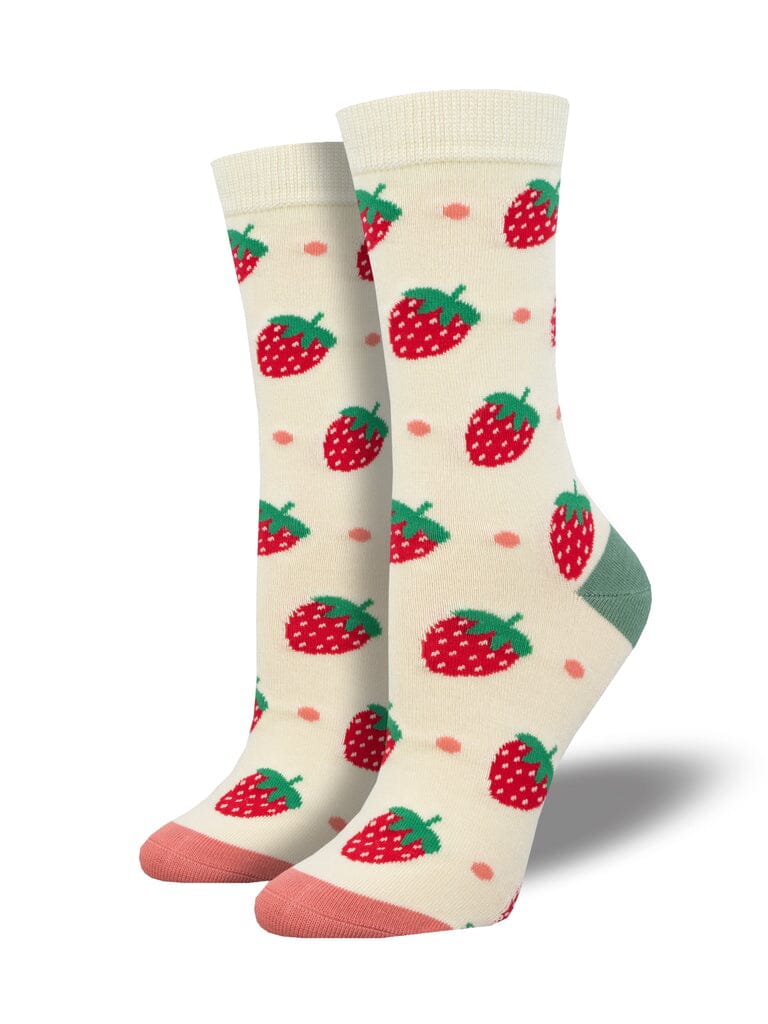 Women's strawberry delight bamboo crew socks, flat lay showing red strawberries on cream with coral toes
