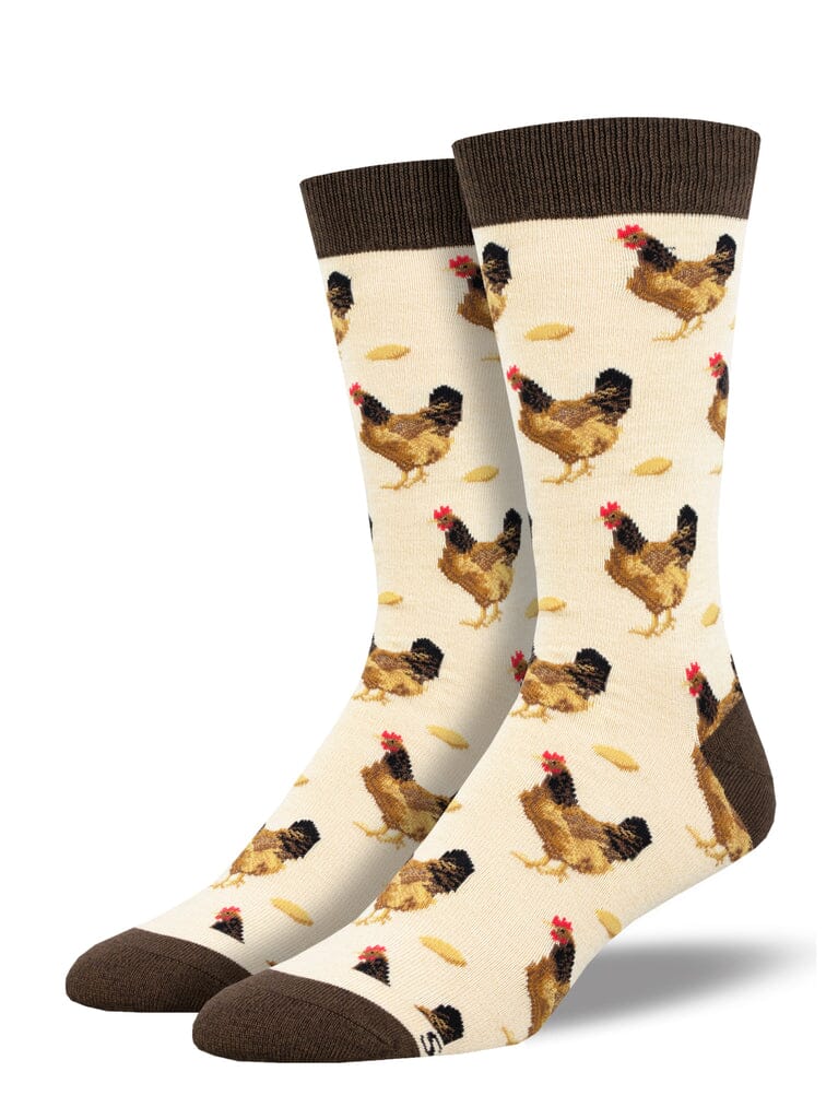 Men's which came first bamboo crew socks, flat lay showing brown hens and grains on cream with brown cuffs