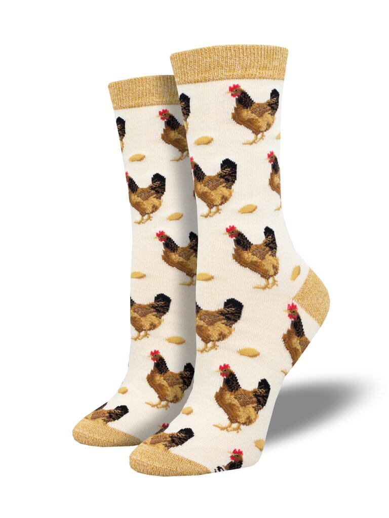 Women's which came first bamboo crew socks, flat lay showing brown hens on cream with metallic gold cuffs