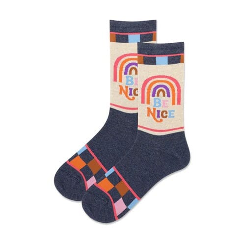 Women's navy crew socks with a cream panel, retro rainbow, BE NICE text, and orange and pink checkerboard foot band