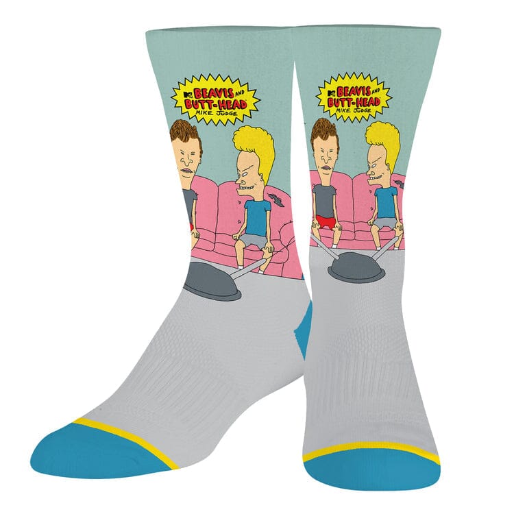 Front view of the Beavis &amp; Butthead crew socks showing the duo on the couch with teal toes