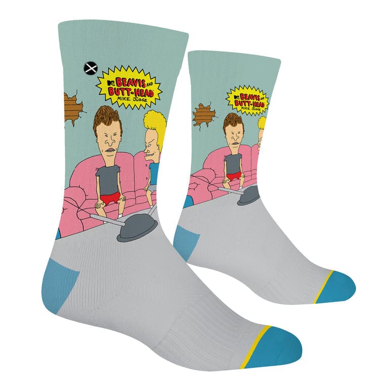 Top-down view of the Beavis &amp; Butthead socks showing the characters and logo on the leg