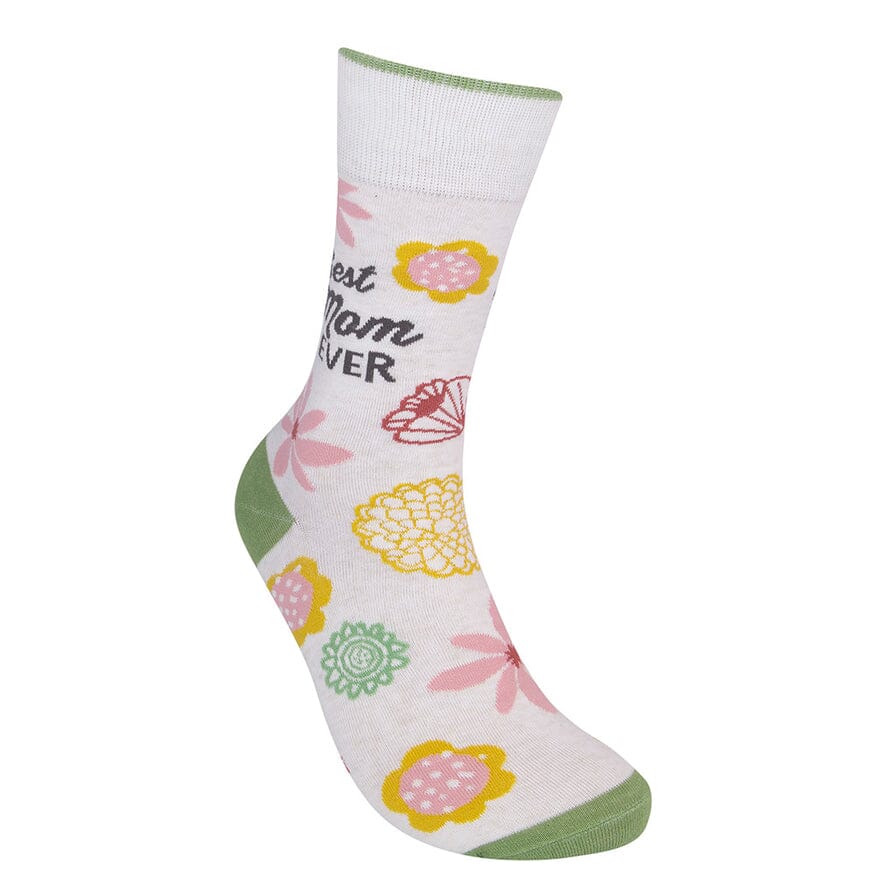 Side view of the floral mom sock showing flowers and partial script lettering