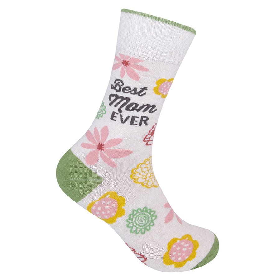 Cream crew sock toe-down with pink and yellow flowers and 'Best Mom Ever' in script with green accents
