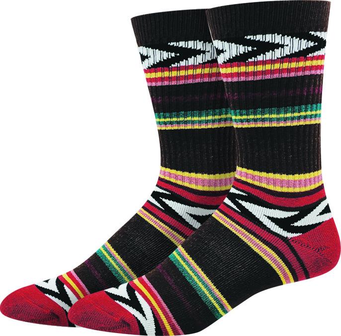 Pair of men's black active crew socks with colorful southwestern stripes and geometric bands and a red toe