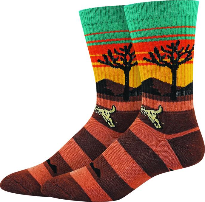 Men's active crew socks with an orange sunset, Joshua trees, and mountains over a teal cuff and rust-striped foot