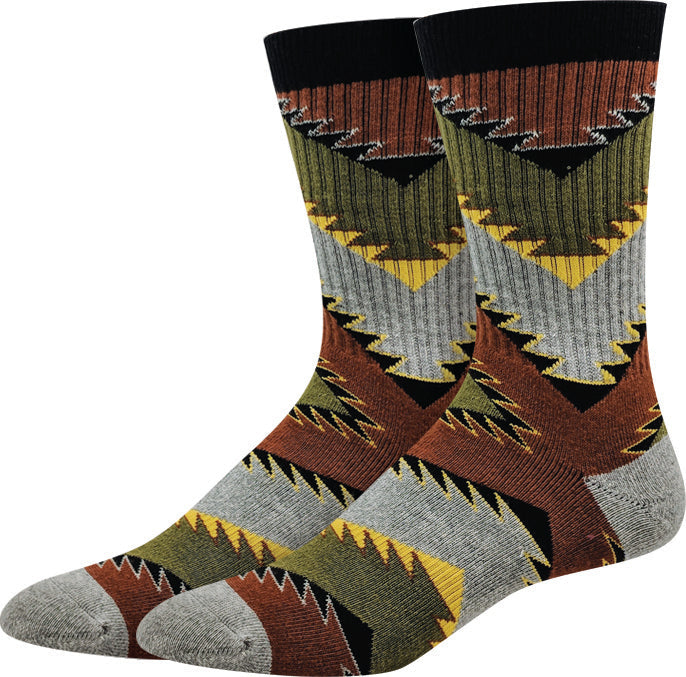 Men's active crew socks with bold geometric diamonds in rust, olive, mustard, and gray and a black cuff