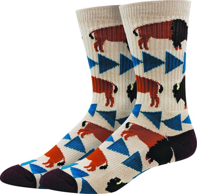 Men's Yellowstone bison active crew socks on oatmeal with rust buffalo and blue mountain triangles, plum toe and heel