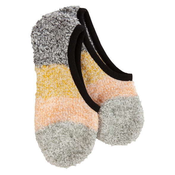 Women's fuzzy no-show slipper socks color-blocked in charcoal, yellow, peach and sage with black trim, shown as a pair