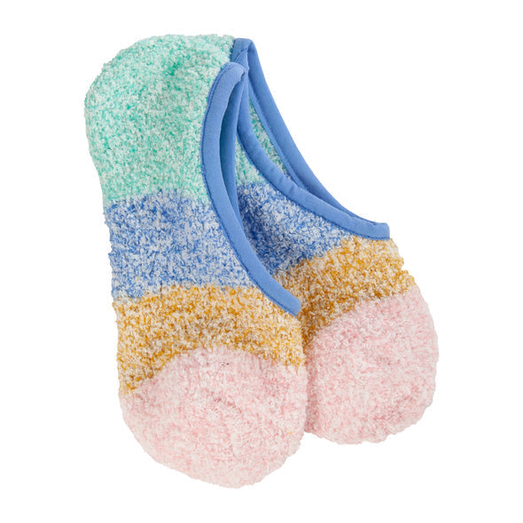 Women's fuzzy no-show slipper socks color-blocked in mint, periwinkle, gold and pink with blue trim, shown as a pair