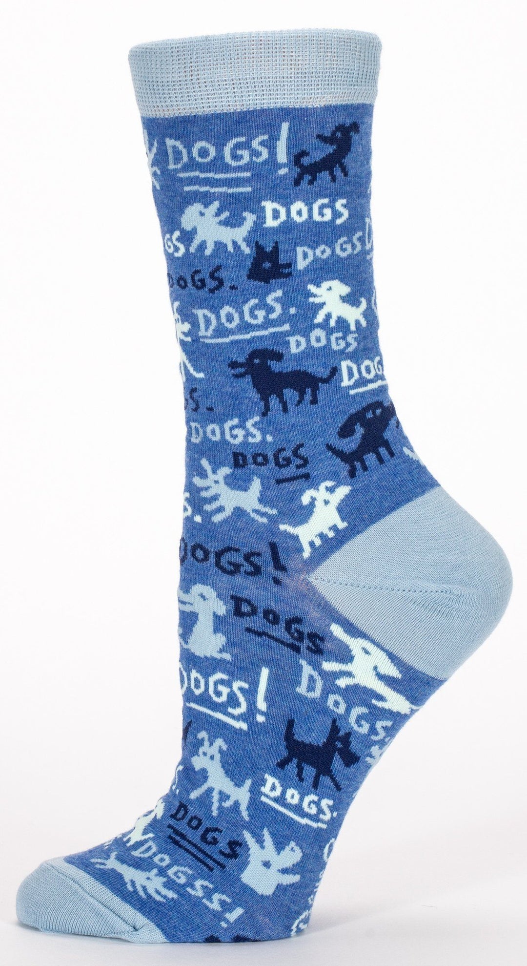 Single blue crew sock showing dog shapes and repeated DOGS lettering, side view