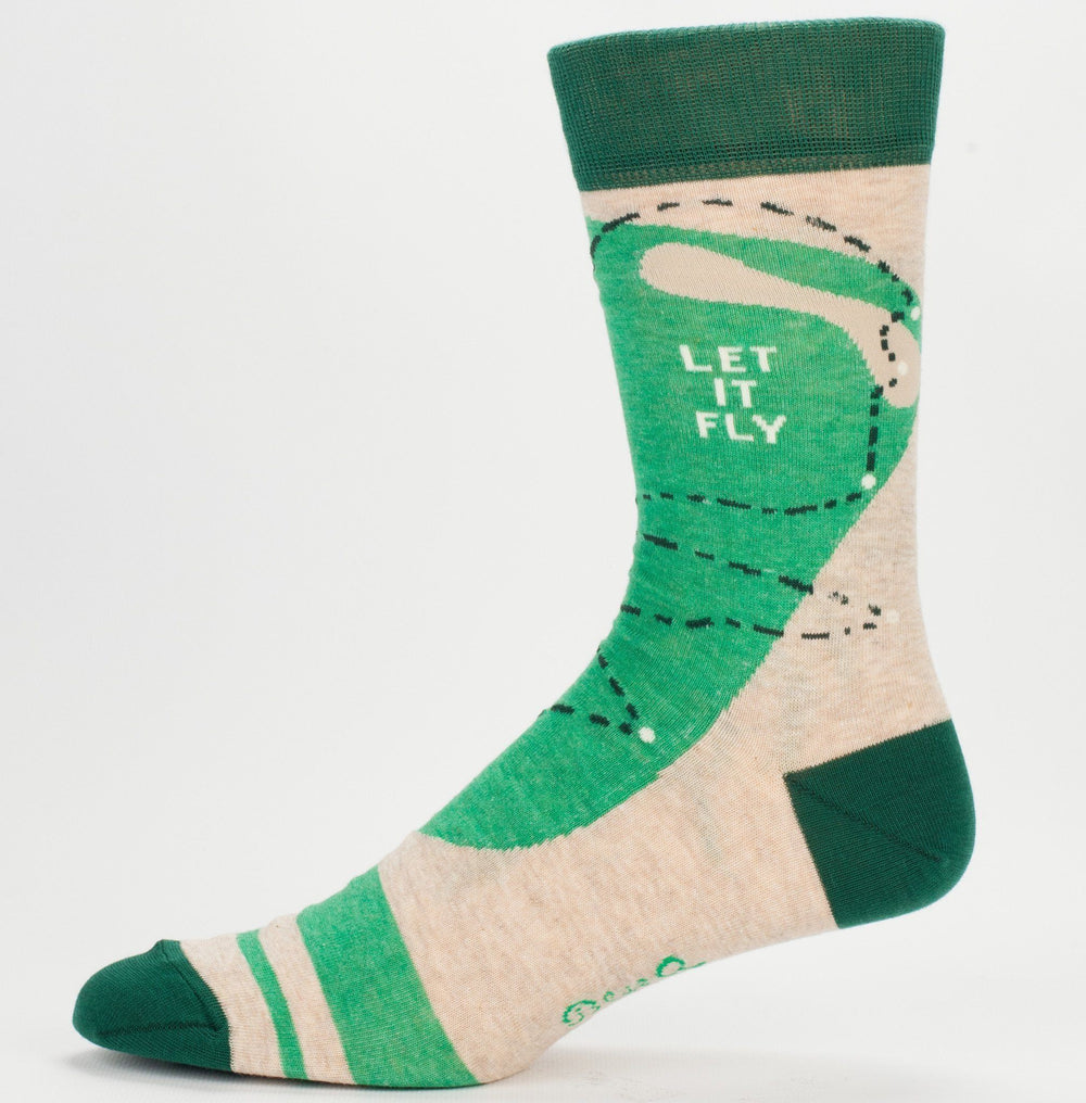 Other side of the golf socks reading Let It Fly with a ball arc