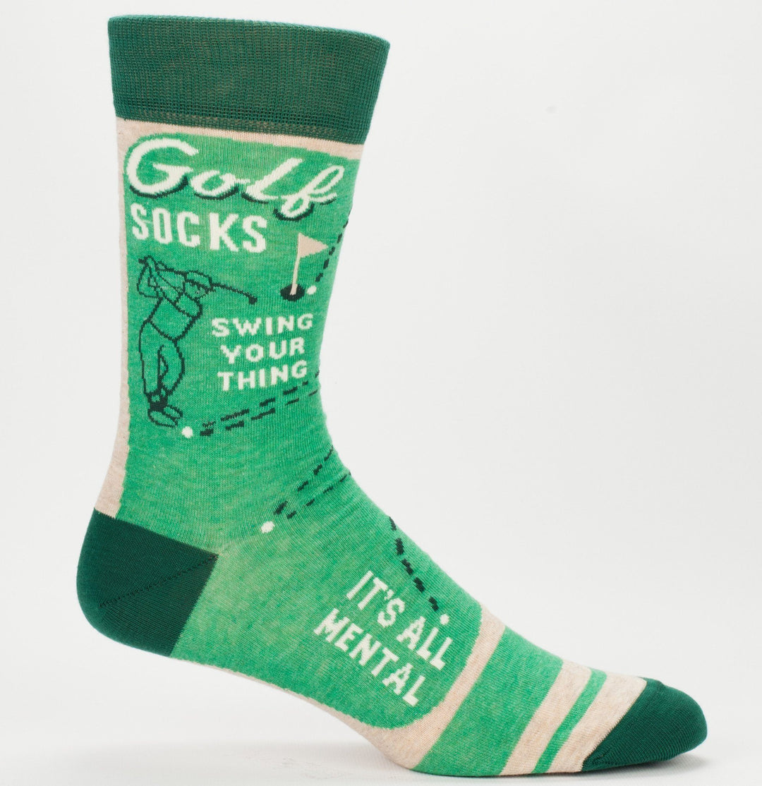 Men's green golf crew socks reading Golf Socks Swing Your Thing