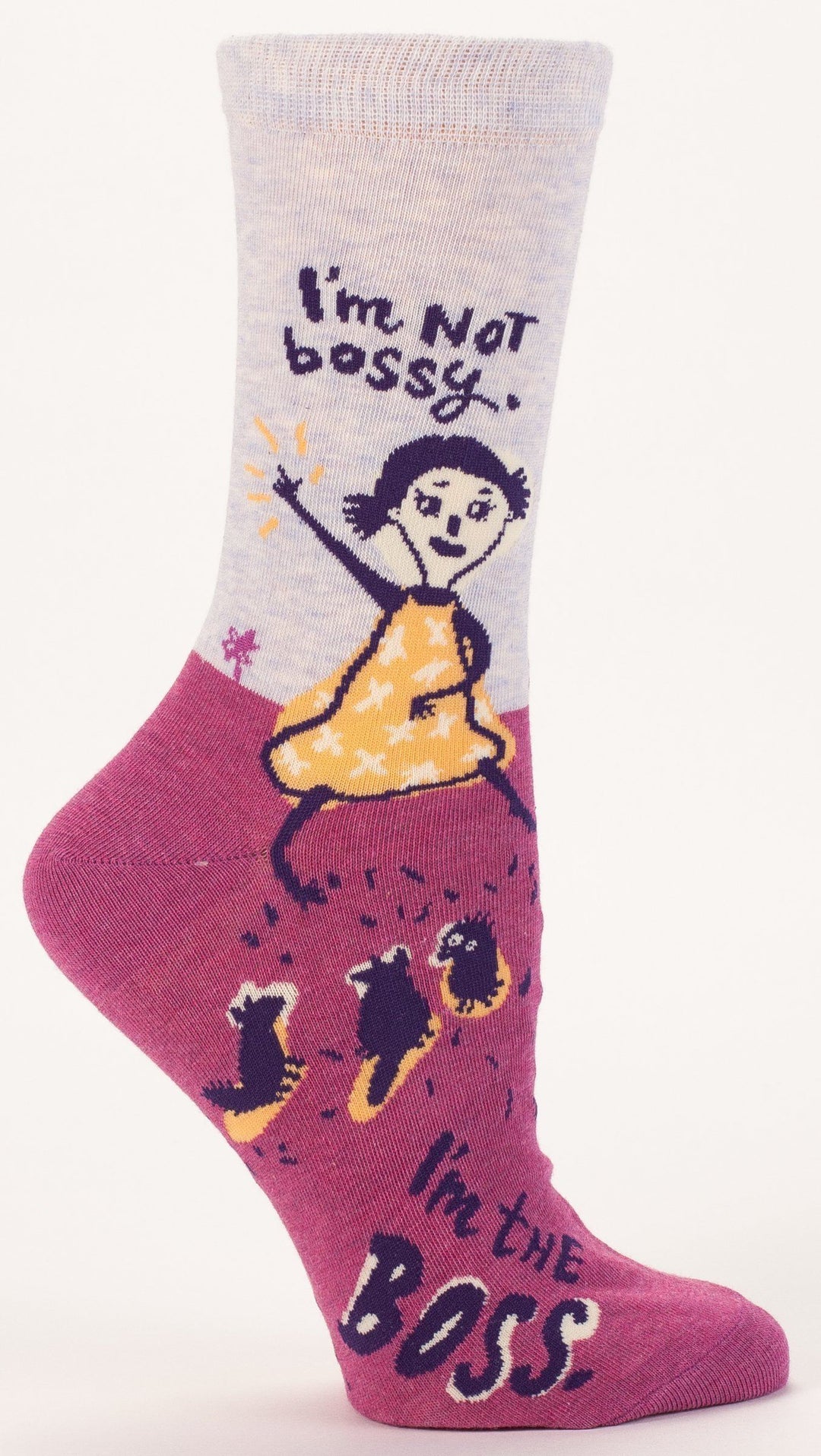 Purple and magenta women's crew sock reading I'm Not Bossy I'm the Boss with a confident woman