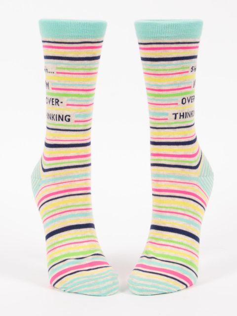 Front view of the over-thinking striped crew socks displayed as a pair with seafoam cuffs
