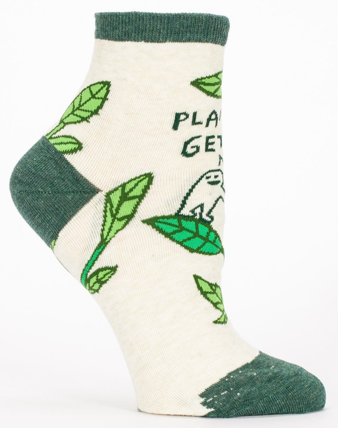 Single cream ankle sock with leaves and a watering figure, side view