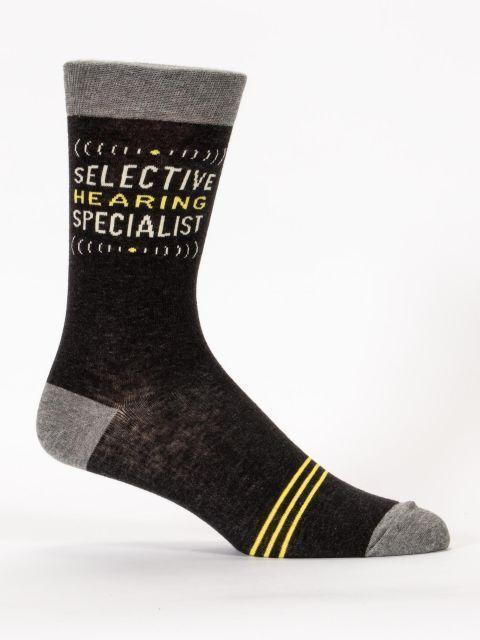 Black men's crew sock reading Selective Hearing Specialist in white and gold with gray cuff, heel, and toe and gold stripes