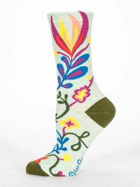 Side angle of the floral sock highlighting the olive heel and vibrant petals