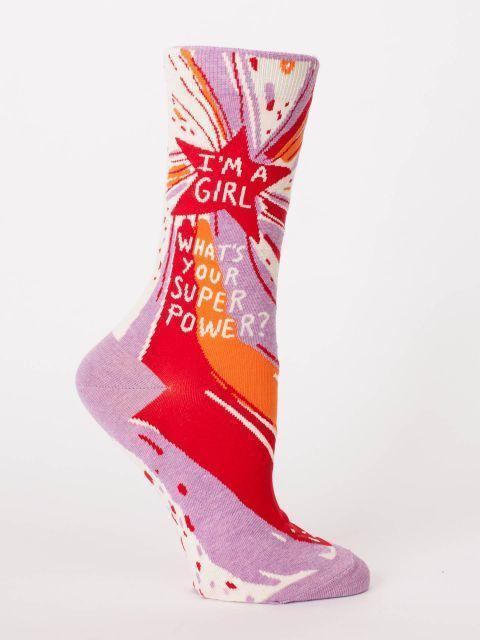 Lilac and red women's crew sock reading I'm a Girl What's Your Superpower with a star burst