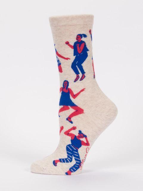 Side profile of the dancing sock displayed on a foot form, highlighting the red-and-blue figures across the calf