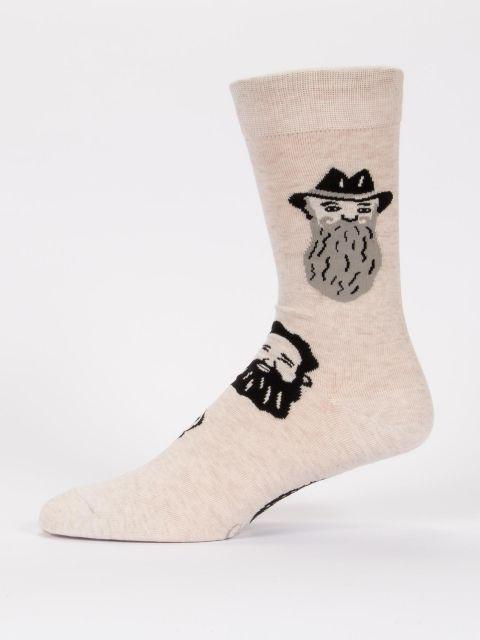Side profile of the beard sock on a foot form, highlighting a hatted bearded man illustration near the ankle