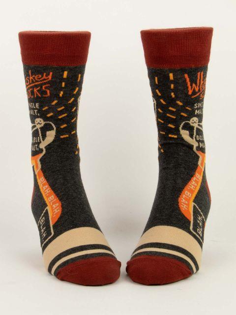 Front-facing view of the whiskey socks showing the glass graphic, "Blah Blah Blah" text, and striped cream toes