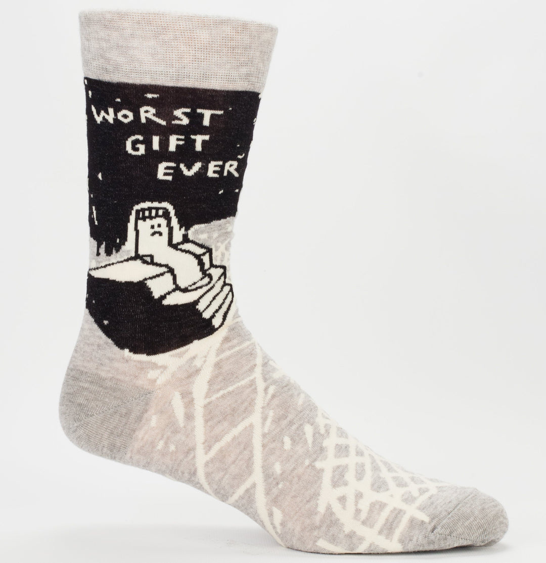 Gray and cream crew sock reading Worst Gift Ever with a glum cartoon man holding a box of socks