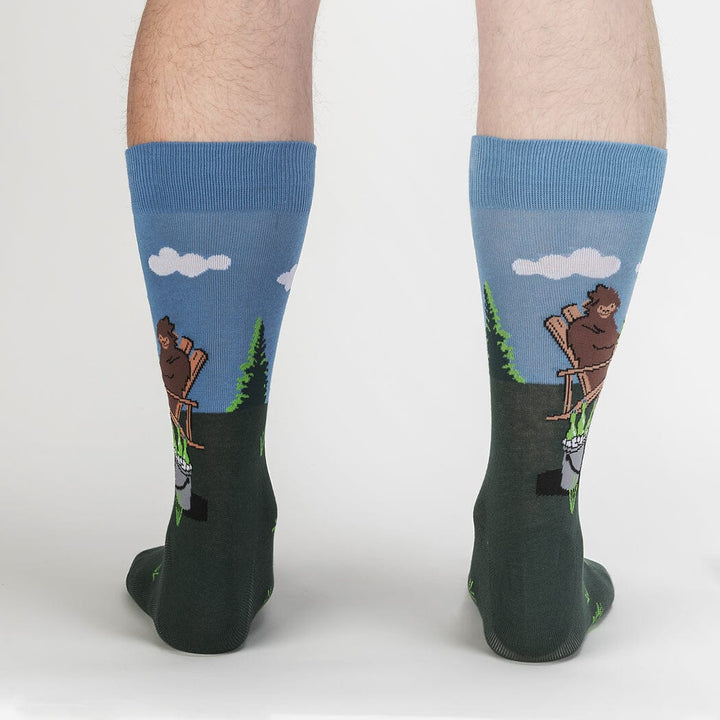 Back view of the Bigfoot Bucket List socks on a model&