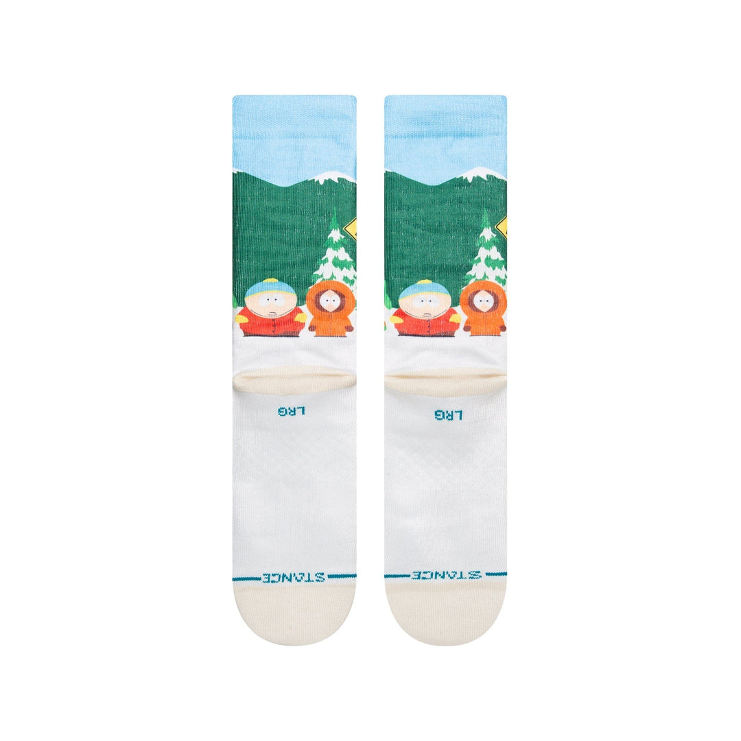 Reverse view of the socks showing the characters, sky-blue top and STANCE lettering near the toe