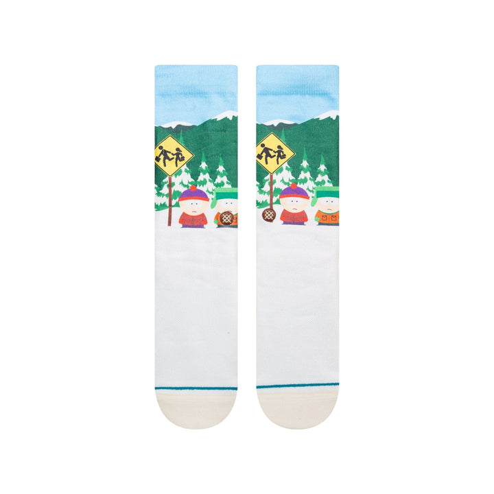 Top-down view of South Park socks showing the school crossing sign, pine trees and characters in detail