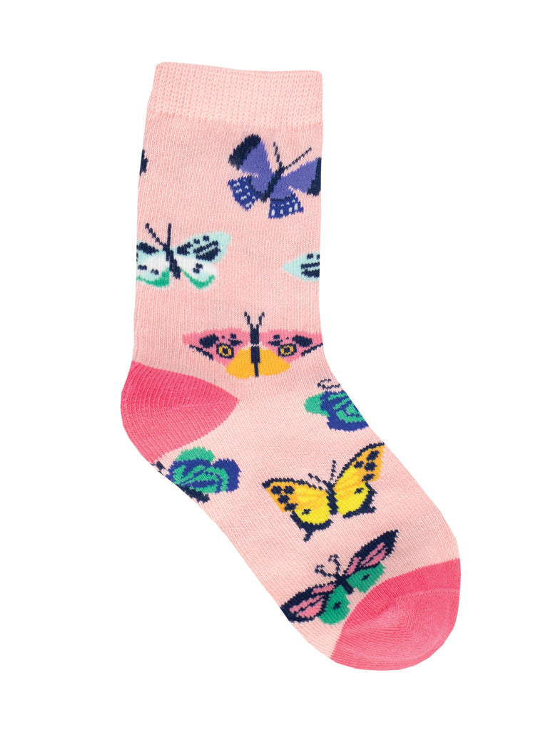 Single kids' soft pink crew sock with colorful butterflies in purple, yellow, green, and blue, with coral heel and toe