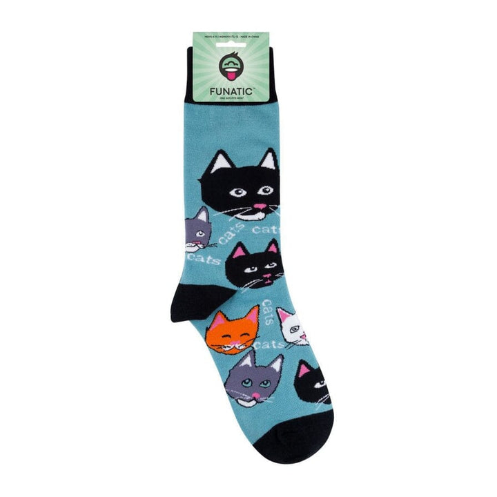 Teal cats sock with Funatic header card showing the colorful cat-face pattern
