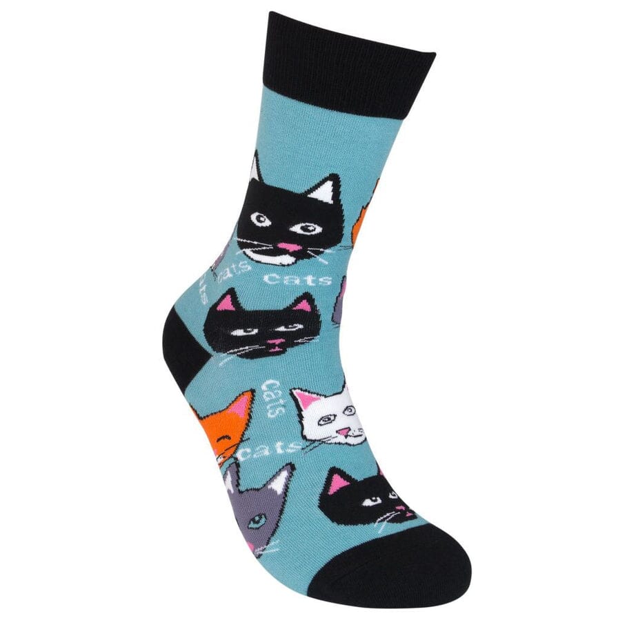 Angled view of the teal cats sock with multiple cat faces and &