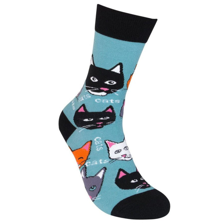 Angled view of the teal cats sock with multiple cat faces and &