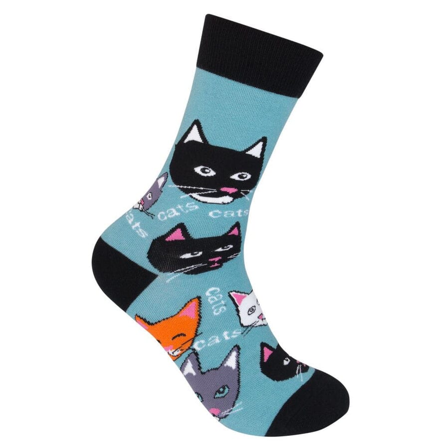 Teal crew sock toe-down covered in black, orange, gray and white cat faces with the word cats and black accents