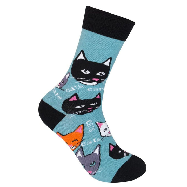 Teal crew sock toe-down covered in black, orange, gray and white cat faces with the word cats and black accents