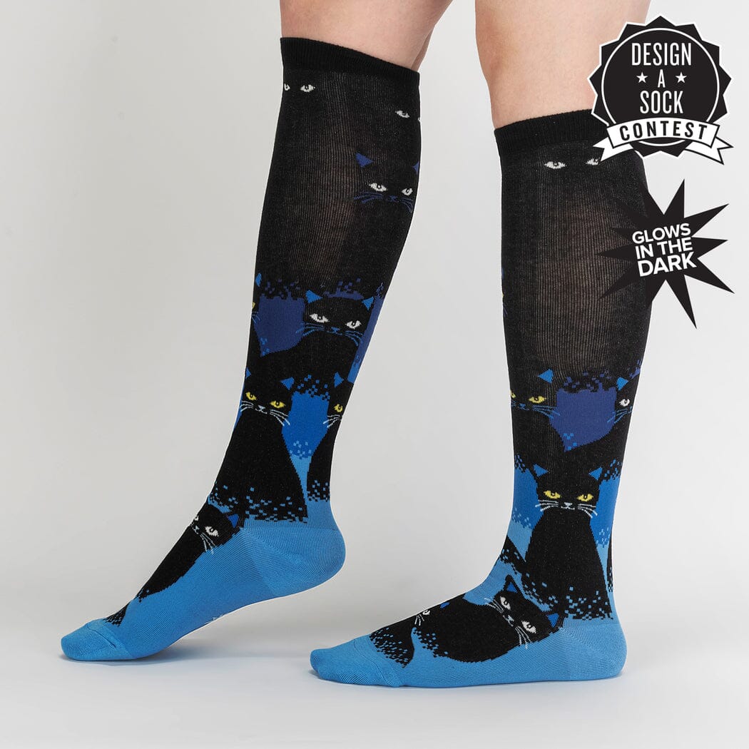 Cats in the Dark knee high socks worn on a model&
