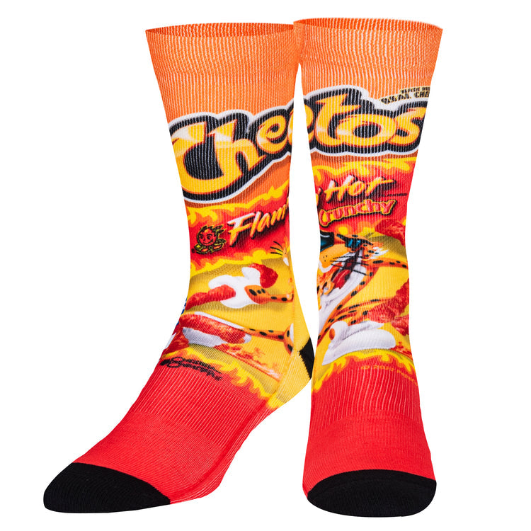 Front view of Flamin' Hot Cheetos crew socks showing the logo, flames, and black toes
