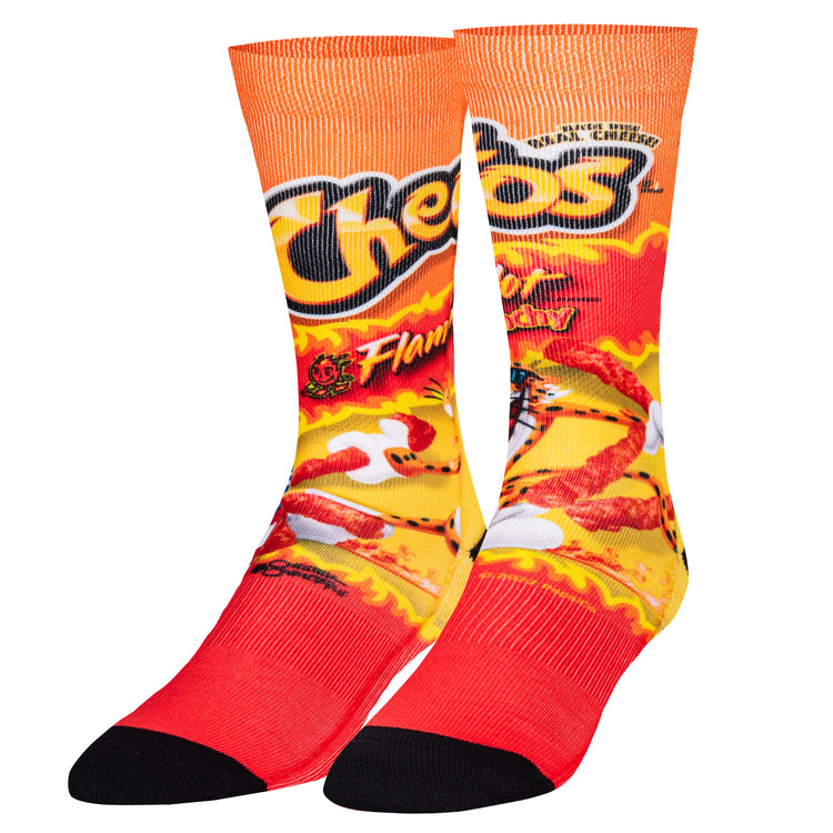 Pair of men's crew socks printed like a Cheetos Flamin' Hot bag with orange and red flames and Chester Cheetah