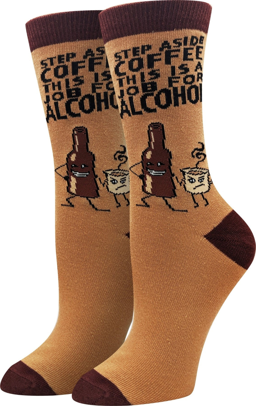 Caramel women's crew socks with a beer bottle, coffee cup, and the words Step Aside Coffee This Is A Job For Alcohol