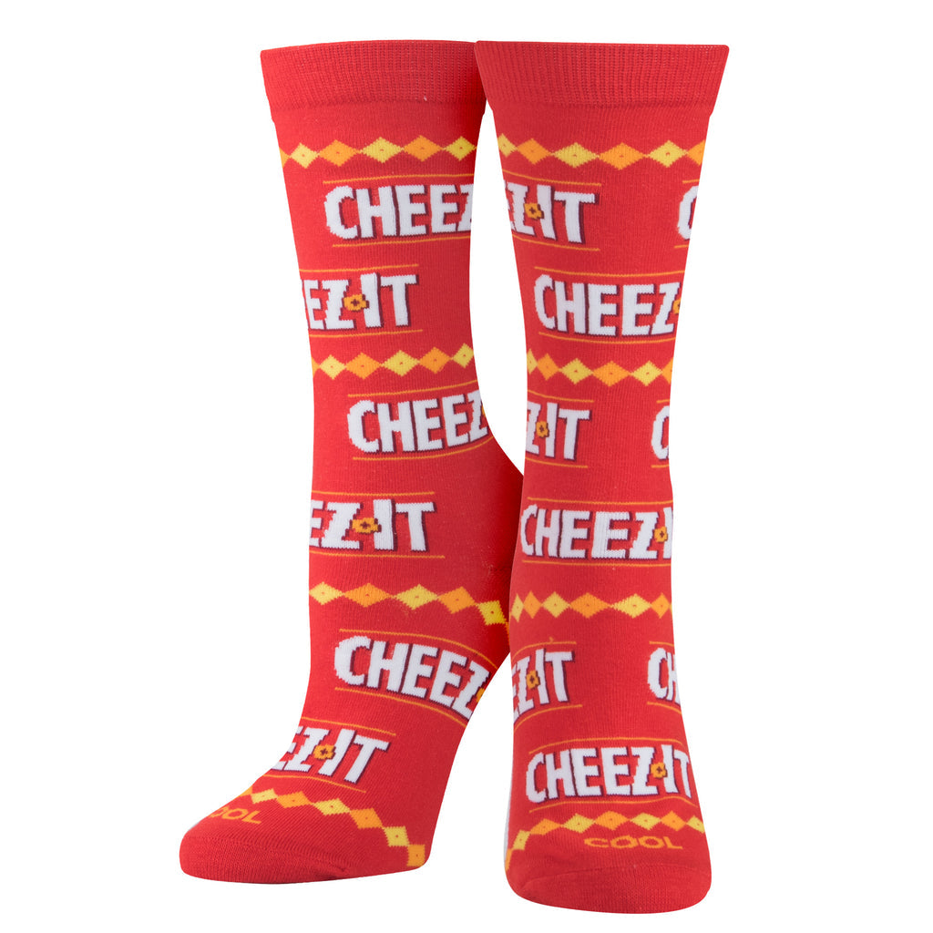 Bright red women's crew socks with the repeating white Cheez-It logo and orange-and-yellow diamond accents