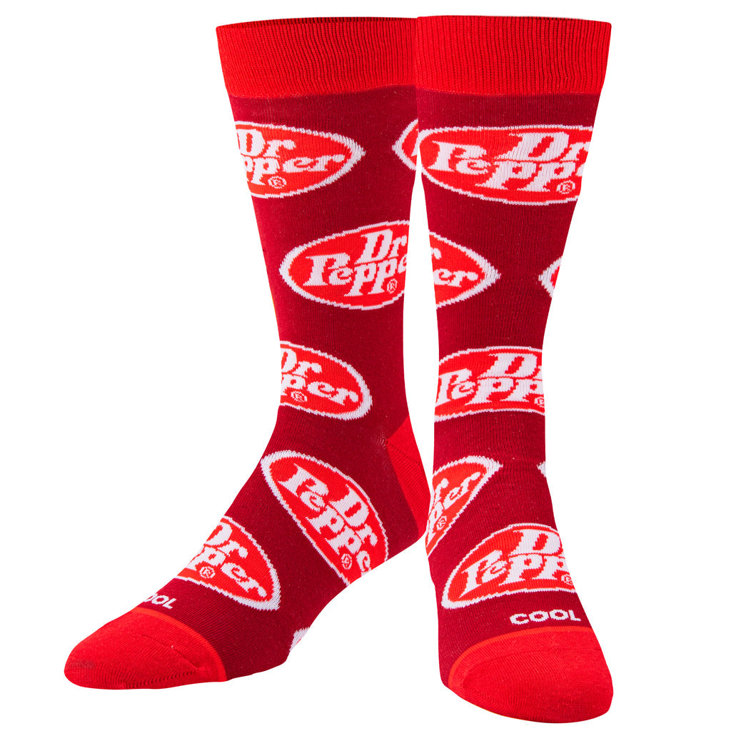 Cherry-red men's crew socks covered in the retro white Dr. Pepper oval logo from cuff to toe
