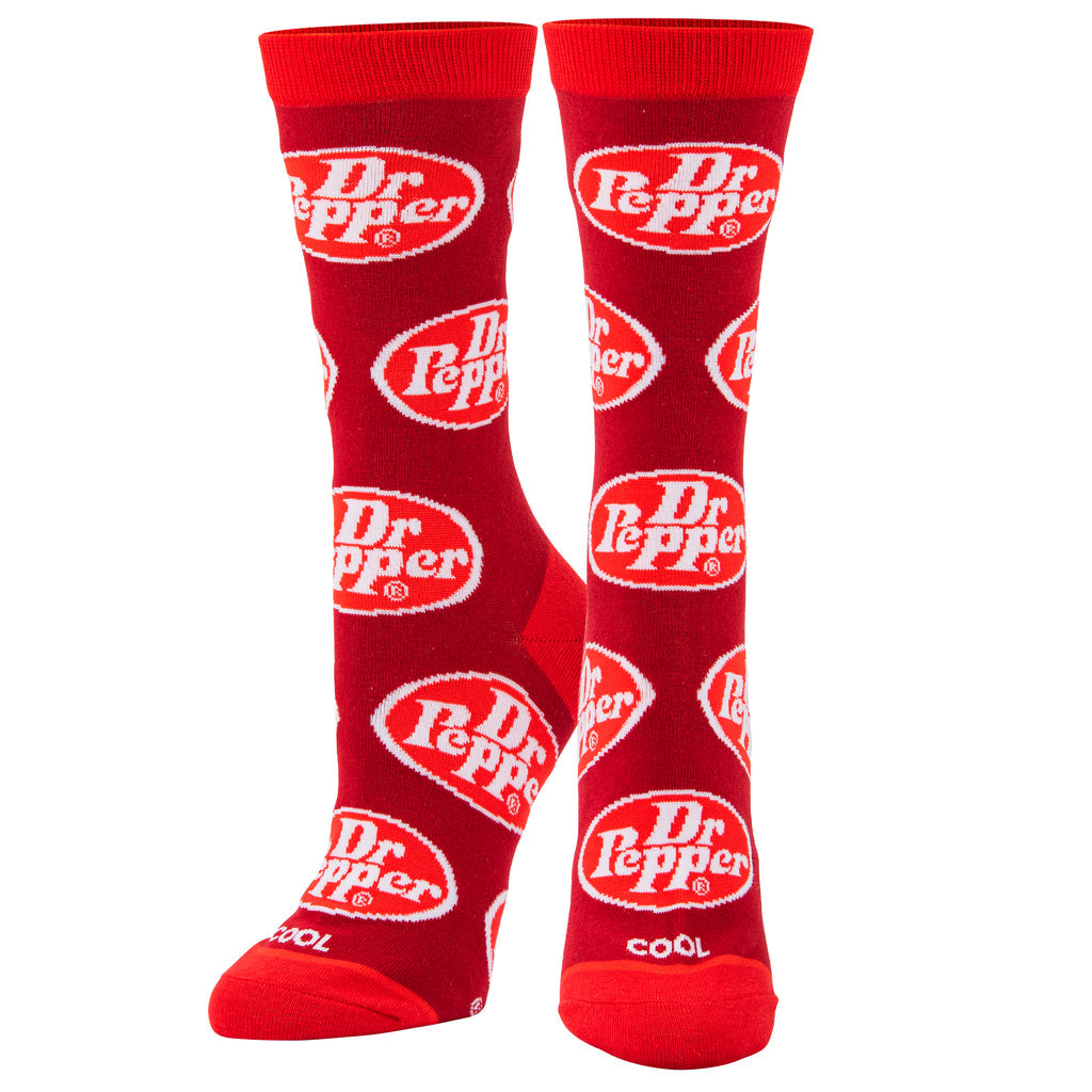 Cherry-red women's crew socks covered in the retro white Dr. Pepper oval logo from cuff to toe
