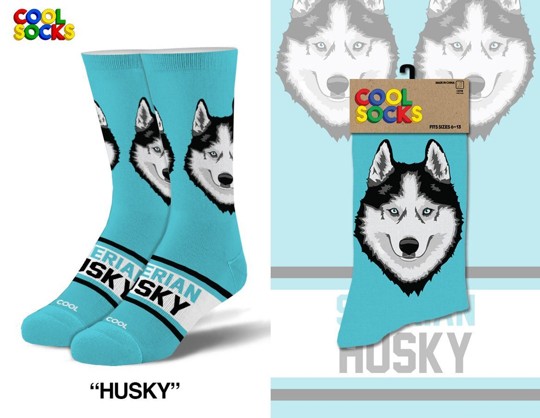 Women's husky crew socks shown flat next to the packaged pair, with a black-and-white Siberian Husky face on turquoise
