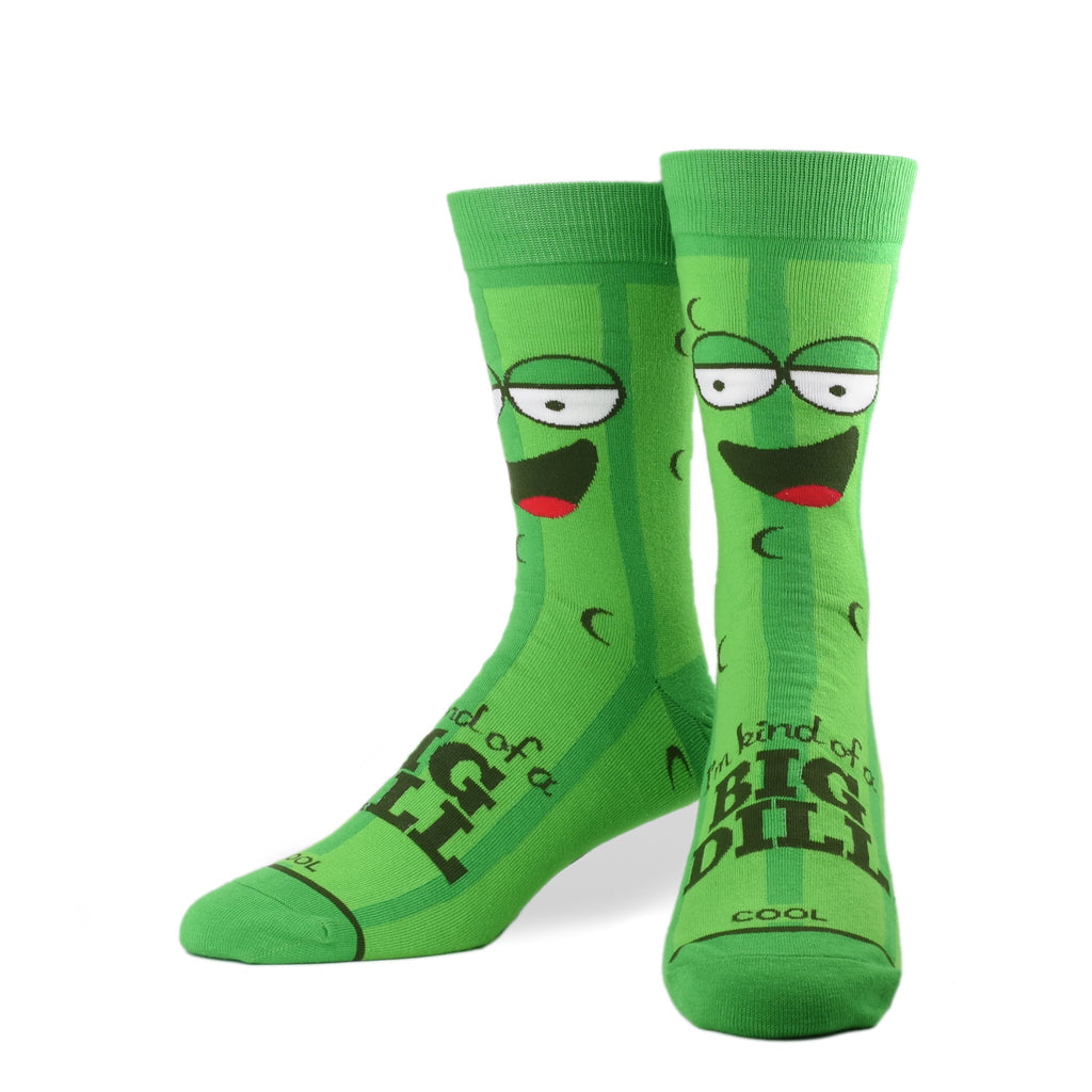 Men's pickle crew socks flat lay showing the lazy-eyed dill and "big dill" text down the foot